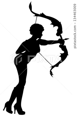 Silhouette of Woman Archer with Decorative Bow 134463009