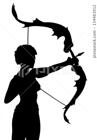 Silhouette of Woman Archer with Decorative Bow 134463012