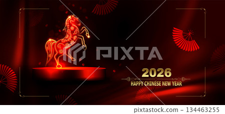 Happy Chinese New Year 2026. Greeting card with Fire Horse zodiac sign Happy Chinese New Year 2026. Greeting card with Fire Horse zodiac sign 134463255