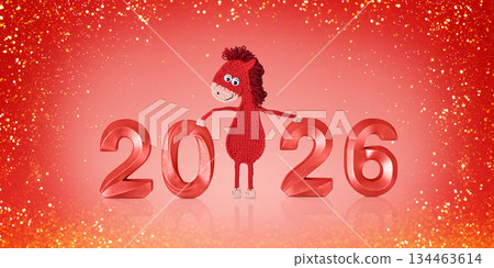 Crocheted toy fiery red horse and red numbers. The symbol of the year 2026 on a white background. Chinese New Year greeting card Crocheted toy fiery red horse and red numbers. The symbol of the year 2026 on a white background. Chinese New Year greeting card 134463614