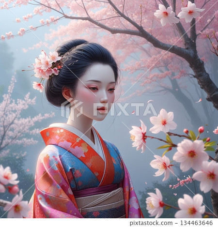 Sakura and a beautiful woman in Japanese clothing 134463646