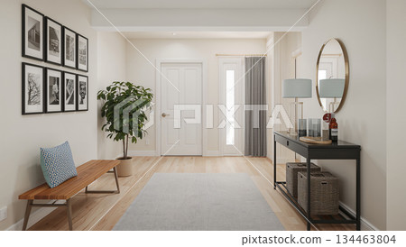 Modern entryway with wooden bench, framed art, and console table with lamps 134463804