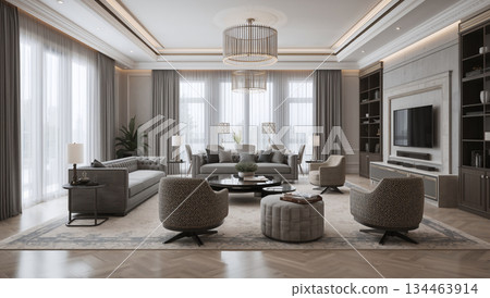 Luxurious modern living room with elegant furniture and large windows, perfect for relaxation 134463914