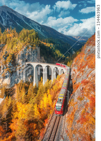 Aerial view of modern red train on Landwasser viaduct in autumn Aerial view of modern red train on Landwasser viaduct in autumn 134463963