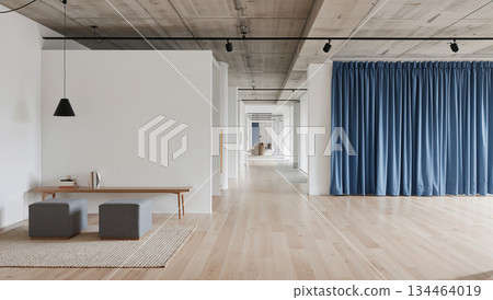 Modern minimalist interior with concrete ceiling, wooden floor, and blue curtains 134464019