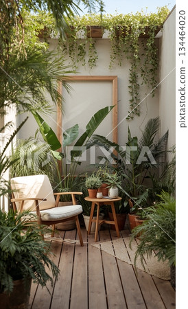 Cozy wooden chair and table surrounded by lush green plants on a wooden deck Cozy wooden chair and table surrounded by lush green plants on a wooden deck 134464020