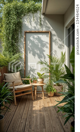 Serene balcony oasis with lush greenery, comfortable seating, and natural wood elements 134464024
