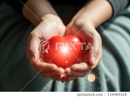 Human hands tenderly holding a vibrant, glowing red heart, representing compassion and health. 134464426