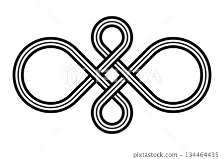 Intertwined quadruple knot, quad knot, or also quaternary knot, an endless pattern with four connected, interlaced loops, with no beginning or end, signifying eternity and wholeness. Isolated. Vector 134464435