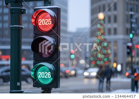 Conceptual new year image: a traffic light in an urban setting with years as signals, moving from stop (2025) to go (2026) for fresh starts 134464457