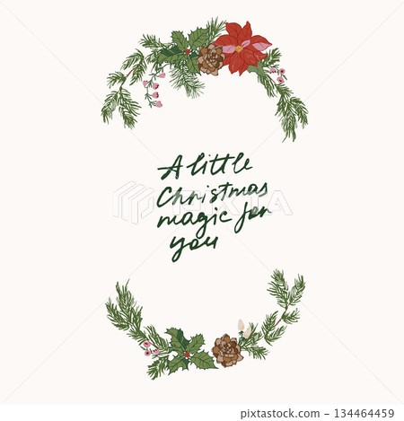 Vector Christmas floral wreath of poinsettia, leaves, pine needles and berries. Hand-drawn vintage composition isolated on white background. Illustration for design, print, fabric or background. 134464459