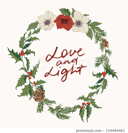 Vector Christmas floral wreath of poinsettia, leaves and berries. Hand-drawn vintage composition isolated on white background. Illustration for design, print, fabric or background. Vector Christmas floral wreath of poinsettia, leaves and berries. Hand-drawn vintage composition isolated on white background. Illustration for design, print, fabric or background. 134464461