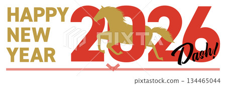 New Year's card with silhouette of horse and happy new year in 2026, horizontal 134465044