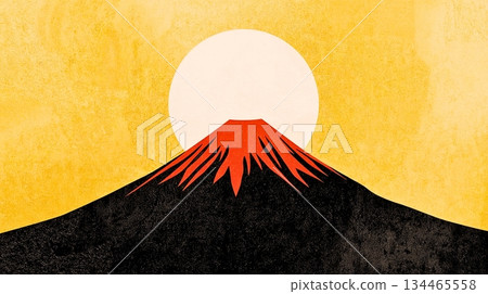 朱紅色的山峰聳立，富士山的靜謐身姿。 134465558