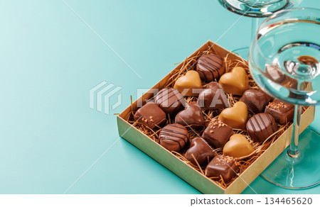 A glasses of champagne elegantly paired with a box of rich chocolates 134465620