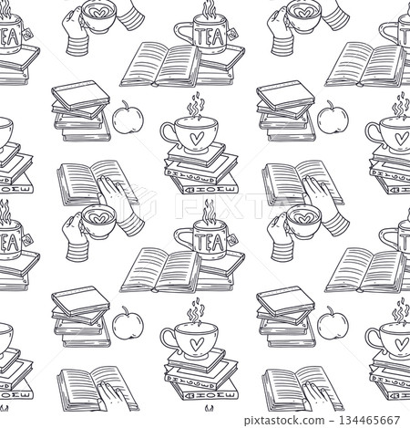 Line art tea cup standing on stack of books and hands holding mugs black and white seamless pattern. Cozy reading time repeat background Line art tea cup standing on stack of books and hands holding mugs black and white seamless pattern. Cozy reading time repeat background 134465667