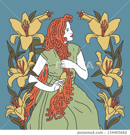 Art nouveau poster with woman brushing very long hair and lily flower frame vector illustration Art nouveau poster with woman brushing very long hair and lily flower frame vector illustration 134465668
