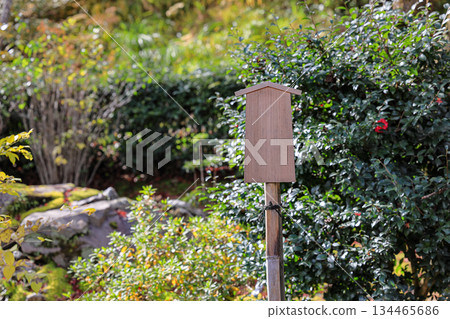 Empty retro wooden billboard in the autumn park. Signboard made of wood with space for text and graphics. 134465686