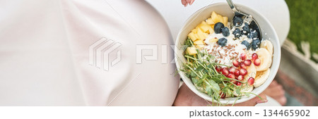 Close-up of fresh fruit and yogurt bowl with mango, blueberries, banana Close-up of fresh fruit and yogurt bowl with mango, blueberries, banana 134465902