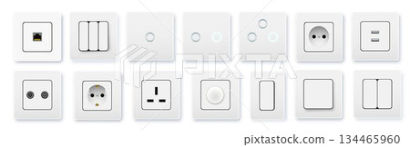 Realistic socket and switch. Interior wall outlets or electric connectors. Switches and sockets set Different square types. Vector 134465960