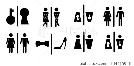 Restroom or bathroom for man and woman to peeing. Funny vector WC pictogram icon or sign. World toilet day. Stickman bath room. Unisex. Clean the toilets 134465966