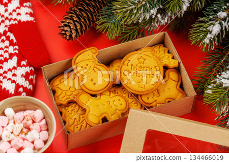 Gingerbread cookies, cup with marshmallows and snowy fir branches Gingerbread cookies, cup with marshmallows and snowy fir branches 134466019