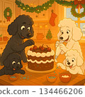 Adorable Poodle Family Decorating a Festive Christmas Cake 134466206
