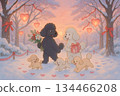 Romantic Poodle Family Celebrating Valentine's Day in a Snowy Park 134466208