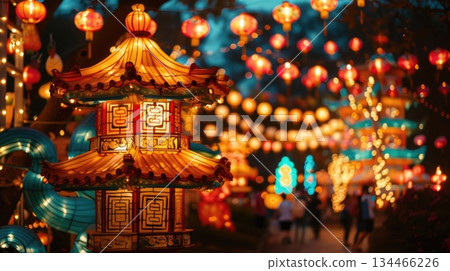 Traditional Chinese lanterns and glowing pagoda structures light up a park during the Lantern Festival. Visual for a cultural article, festival website or evening celebration 134466226