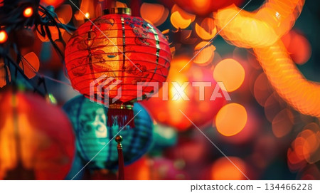 Chinese Lantern Festival in a street park decorated with traditional glowing red lanterns. A vibrant night scene ideal for cultural event promotion, travel photography, or festive Asian design themes 134466228