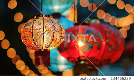 Traditional glowing red lanterns decorate a street park for Chinese Lantern Festival. A magical night atmosphere suitable for event invitations, tourism campaigns, or illustrations of cultural 134466229
