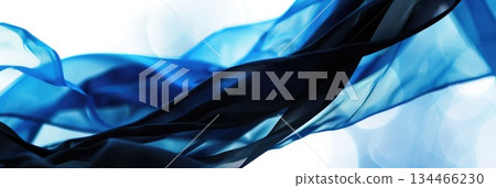 Estonian flag colors on silk fabric, abstract blue, black, and white textured background. Symbolic design for national holiday promotions,  horizontal banner, copy space, free space for text 134466230
