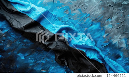 Silk texture in Estonian national colors, deep blue, black, and white, for Independence Day. Abstract, flowing background,  horizontal banner, copy space, free space for text 134466231