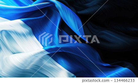 Patriotic abstract background, silk fabric in Estonian flag tones. Blue, black, and white textured waves perfect for February 24th graphics, horizontal banner, copy space, free space for text 134466233