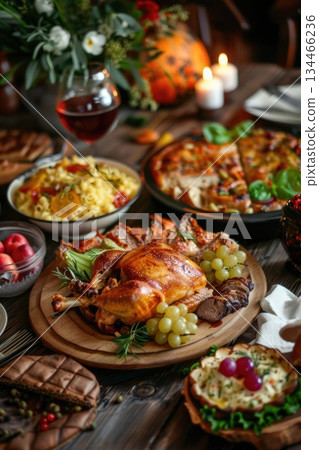 Estonian Independence Day celebration with a festive table of national cuisine. A generous roast, rustic breads, and homemade accompaniments set for a traditional family feast 134466236