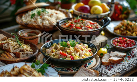 Celebratory spread of Estonian national cuisine for an Independence Day feast. Festive table setting with rustic charm, emphasizing tradition, family, and national identity 134466238