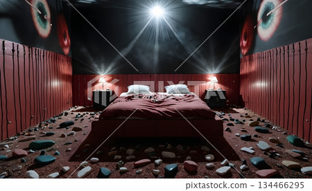 Surreal Red Bedroom with Rocks 134466295