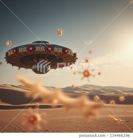 UFO Hovering Above Desert Landscape 134466296