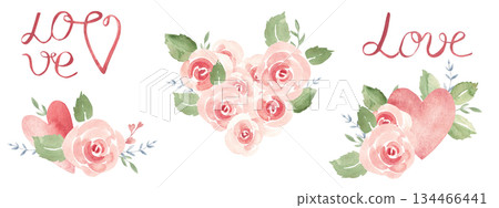 St. Valentine day or wedding set. Pink roses bouquets with hearts and LOVE words, hand drawn watercolor lettering. Design elements for shirt prints, posters and cards or invitations. 134466441