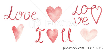 St. Valentine day set. LOVE words and phrases with pink and red hearts. Hand drawn watercolor lettering isolated on a white background. Design elements for shirt prints, posters and cards for St. Valentine day set. LOVE words and phrases with pink and red hearts. Hand drawn watercolor lettering isolated on a white background. Design elements for shirt prints, posters and cards for 134466442
