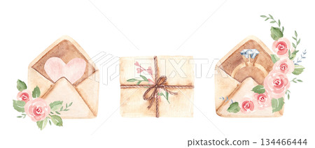 Old Vintage Love Letters set with pink heart, engagement ring and pink roses. Hand drawn Watercolor illustration isolated on a white background. Perfect for Valentine card, romantic social media post 134466444