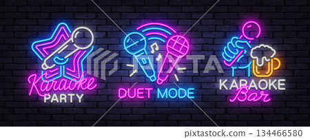 Vibrant neon illustrations featuring karaoke bar, party fun, and duet mode with bold colors and musical energy. 134466580
