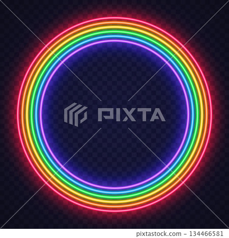 A vibrant circular neon frame made of glowing rainbow lines on a transparent background. The smooth shape adds a dynamic accent ideal for logos or digital layouts. A vibrant circular neon frame made of glowing rainbow lines on a transparent background. The smooth shape adds a dynamic accent ideal for logos or digital layouts. 134466581