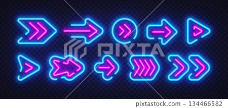 Stylish neon arrow icons with smooth outlines and bright glow arranged as a cohesive set. The modern look adds energy and clarity to digital layouts or web elements. Stylish neon arrow icons with smooth outlines and bright glow arranged as a cohesive set. The modern look adds energy and clarity to digital layouts or web elements. 134466582
