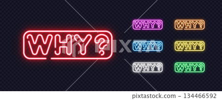 A colorful collection of neon why signs glows with intense light and brings a curious tone. Smooth lines and bright hues give the set a lively and modern feel. A colorful collection of neon why signs glows with intense light and brings a curious tone. Smooth lines and bright hues give the set a lively and modern feel. 134466592