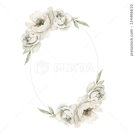 Illustration of oval floral frame with off white peonies and green leaves, arranged symmetrically top and bottom. Suitable for wedding invitation, memorial Funeral card, packaging or branding element Illustration of oval floral frame with off white peonies and green leaves, arranged symmetrically top and bottom. Suitable for wedding invitation, memorial Funeral card, packaging or branding element 134466610