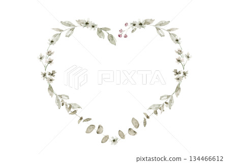 Floral heart shaped wreath made with small off white flowers, green leaves and buds, arranged in light outline. Suitable for wedding invitation, Valentines card, packaging, or baby shower design. 134466612