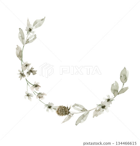 Hand drawn semi circular wreath illustration with off white flowers, green leaves, brown pine cones and small buds. Great for gift packaging, label, invitation, spring card or branding project. Hand drawn semi circular wreath illustration with off white flowers, green leaves, brown pine cones and small buds. Great for gift packaging, label, invitation, spring card or branding project. 134466615