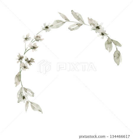 Minimal hand drawn semi wreath illustration with off white tiny flowers and light green leaves in loose arc. Perfect for invitation, label, stationery, small packaging or branding accent element. 134466617