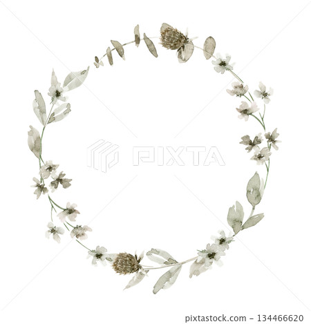 Round hand drawn botanical wreath illustration with off white flowers, pine cones, small buds, and green leaves in a delicate arrangement. Great for gift packaging, labels, invitation or Easter card. 134466620